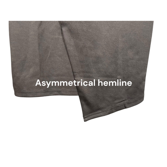 Size M gray dress short sleeve asymmetrical hem gold buttons stretchy vneck midi - Picture 7 of 8